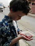 Examining a caterpillar