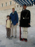 Two goofs and a goofily dressed guard