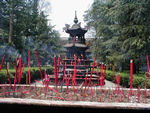 Qingyang Temple and incense sticks.  The Temple seems to be a collection of building housing big  statues of guys with beards.   There's also a few monks doing fortunes and people burning paper and incense.  