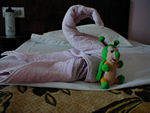 The maid has a sense of humor.  The bug was a gift to Maggie from the hotel in Athens.  Unfortunately, one day the maid drew a new face on one of Maggie's animals.  Fortunately, Maggie was able to wash the face off.