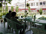 Working on math in the hotel garden
