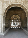 Looking into the Diwan-i-Khas, the Hall of Private Audiences.  The centerpiece of this elegant but modestly scaled hall was the Peacock Throne.  The solid gold throne had figures of peacocks standing behind it, their beautiful colors made from countless inlaid percious stones.  Between the peacocks was a parrot carved from a single emerald.  Carved on the walls is the couplet, "If there is a paradise on earth it is this, it is this, it is this.